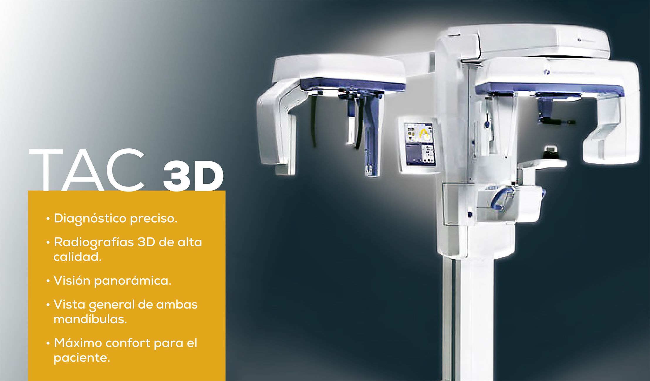 Diagnóstico preciso. Radiografías 3d de alta calidad. Visión panorámica. Vista general de ambas mandíbulas- Máximo confort para el paciente.